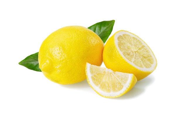 整个柠檬带叶，一半和四分之一分离在白色背景上图片下载
