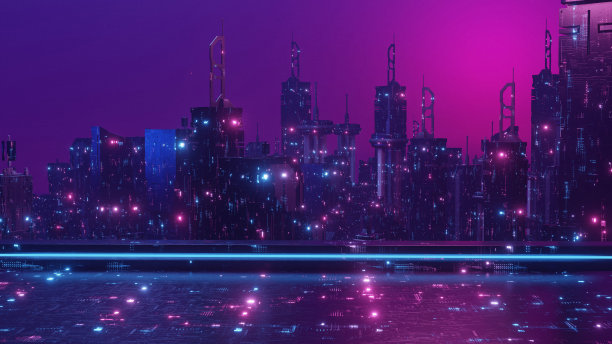 都市夜晚天际线照明摩天大楼未来城市景观3d渲染图片下载