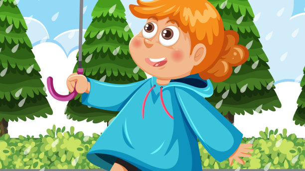 一个穿着雨衣的女孩在雨中打伞图片下载