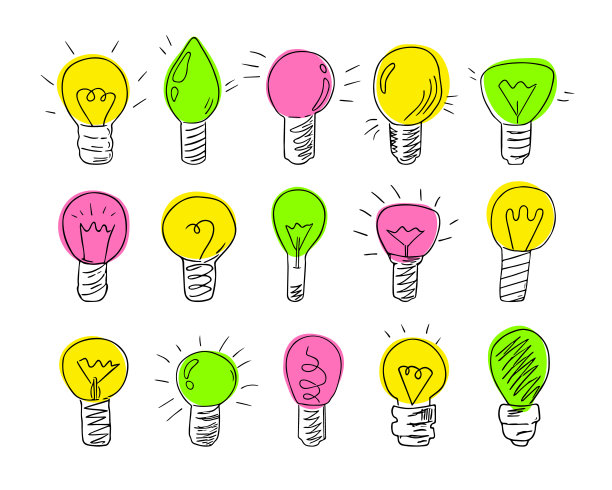 涂鸦灯泡，手绘电器装置，构思概念。科学发现的标志，洞察力。素描,徒手画的简约设计。图片下载