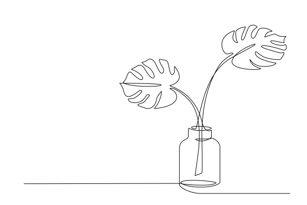 一幅盆中家居花monstera的线条画。一幅美花孤立的连续线条手绘。极简向量树插图。可编辑的中风图片下载