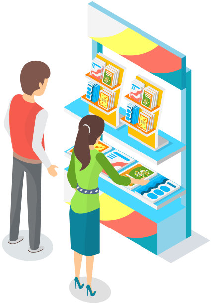 男人在书店附近向女人买书。女商人在商店或展览会上向读者出售书籍图片下载
