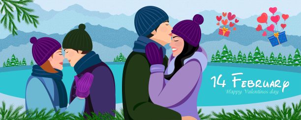 情人节横幅。浪漫和爱的气氛。相爱的情侣在散步。图片下载