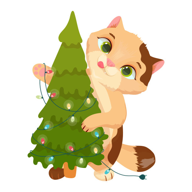 一只猫装饰圣诞树。节日的花环。家庭装饰。宠物。小猫。矢量插图。图片下载