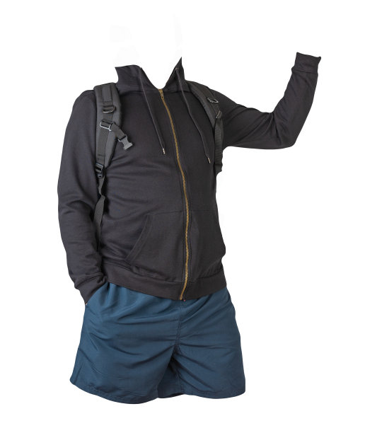 背包，运动衫，白色背景的短裤。图片下载