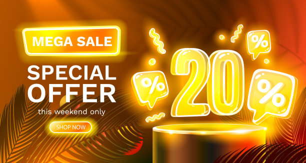 Mega sale特惠，霓虹灯20折横幅。路标晋升。向量图片下载