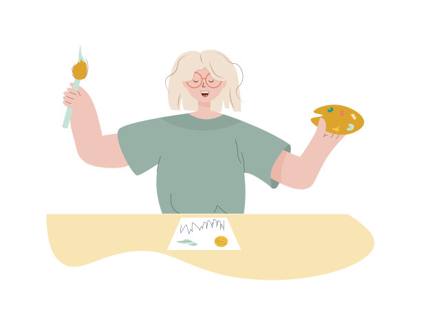 那个女孩正坐在桌旁，灵感迸发地画画。想象力和创造力的概念。一位女性艺术家创造了视觉艺术，幻想。矢量插图在一个平面风格的贴纸，广告，明信片，网页设计。图片下载