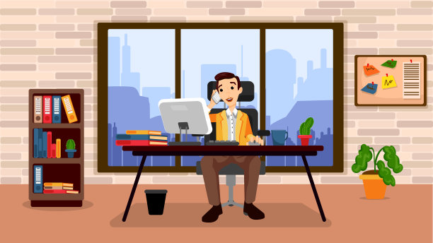 矢量插图的一个商人，办公室工作人员在他的办公室。忙着他的职业和快乐的工人和商人。图片下载