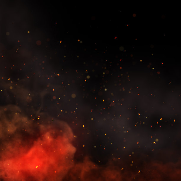 黑色背景上的火，烟和火花。图片下载