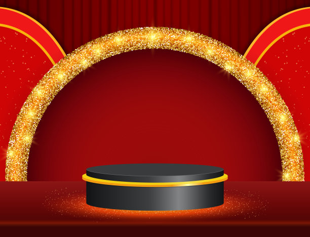 矢量插图红色窗帘背景与黑色讲台和闪光拱门图片下载