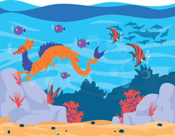 矮海马深海概念，卡通水生动物和鱼类游泳矢量图标设计，野生动物海底风景符号，热带海洋水下水面股票插图，图片下载