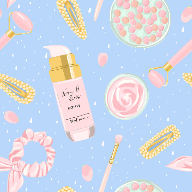 无缝图案与美容产品，时尚配件，鲜花。用于织物，包装，纺织品，墙纸，服装的化妆品背景。矢量插图。图片下载