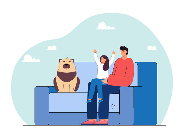 幸福的父亲，女儿和狗坐在沙发上图片下载