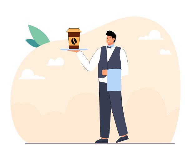 服务员端着盛着外卖咖啡的盘子图片下载