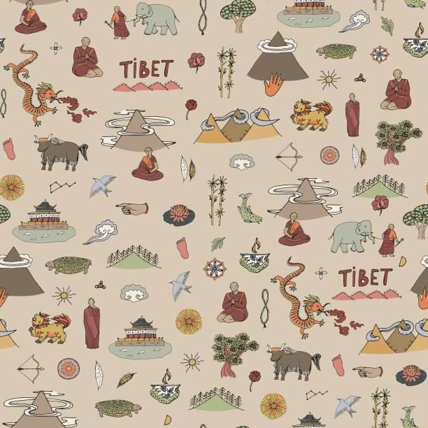中国西藏旅游目的地对象矢量无缝模式图片下载