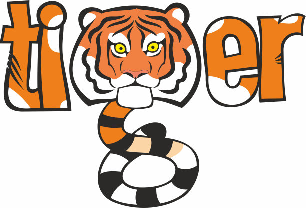 一个字“老虎”与老虎卡通人物矢量插图图片下载