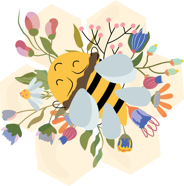 在盛开的野花环绕下的蜂巢里，一只可爱的蜜蜂。美丽的插图为您的标志，标签。有机产品的概念。矢量插图。图片下载