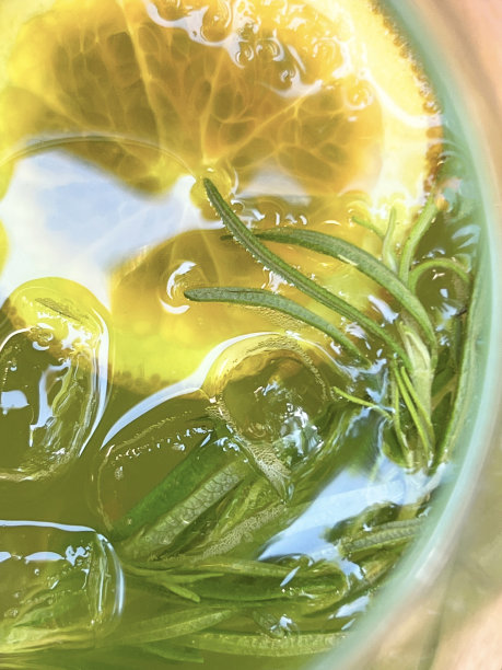 冷排毒绿茶，柠檬片，冰块和迷迭香叶，背景。图片下载