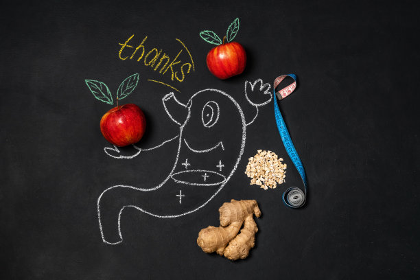 好消化的概念。在黑板上画着一个有趣的胃，旁边是苹果和姜饼。文本的地方图片下载