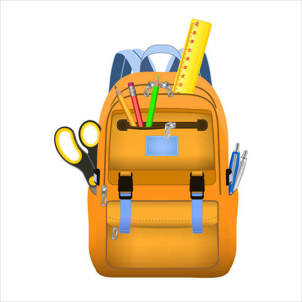 现实书包文具。橙色大学生背包。彩色设备有铅笔，钢笔，剪刀和尺子。图片下载