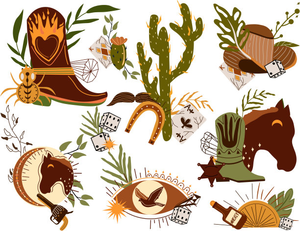 集牛仔帽、扑克牌、野马头、骰子、飞鹰等为一体的西部蛮荒构图。更古老的西部平原风格。矢量图图片下载