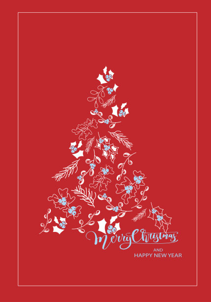 向量。圣诞快乐和新年快乐花卉背景，文字设计。乡村垂直模板的圣诞卡，派对邀请和其他促销项目。手绘草图。图片下载