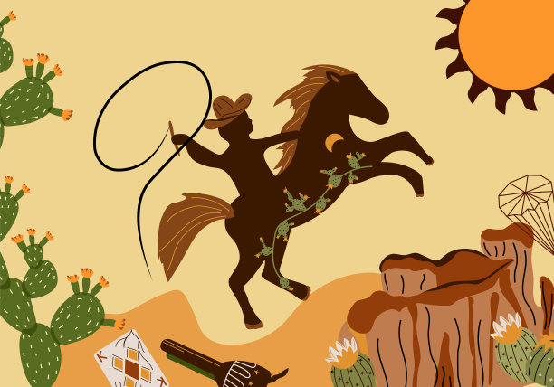 狂野西部的海报，一个牛仔骑着马在沙漠里，仙人掌，太阳，枪。更古老的西部平原风格。矢量图图片下载