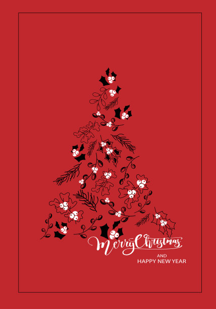 向量。圣诞快乐和新年快乐花卉背景，文字设计。乡村垂直模板的圣诞卡，派对邀请和其他促销项目。手绘草图。图片下载