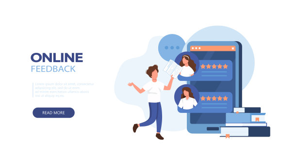 在线调查和评分场景。角色给予五星反馈。用户体验的概念。平面卡通矢量插图孤立。图片下载