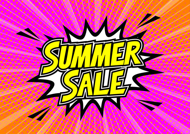 アメコミ素材SUMMER SALE illustration halftone dot versus comic. Comics book template background. Pop art colorful backdrop.图片下载
