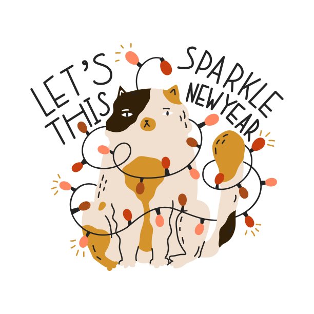 这只猫坐在那里，一副不高兴的样子，被灯泡缠在了一个花环里。新年贴纸和有趣的猫。节日派对的贺卡。平面风格的矢量插图。孤立的对象。图片下载