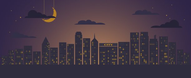 城市全景的房子和摩天大楼的剪影与灯光在窗户，淡橙色的日落天空和云，新月和星星，平面风格矢量插图，旗帜图片下载