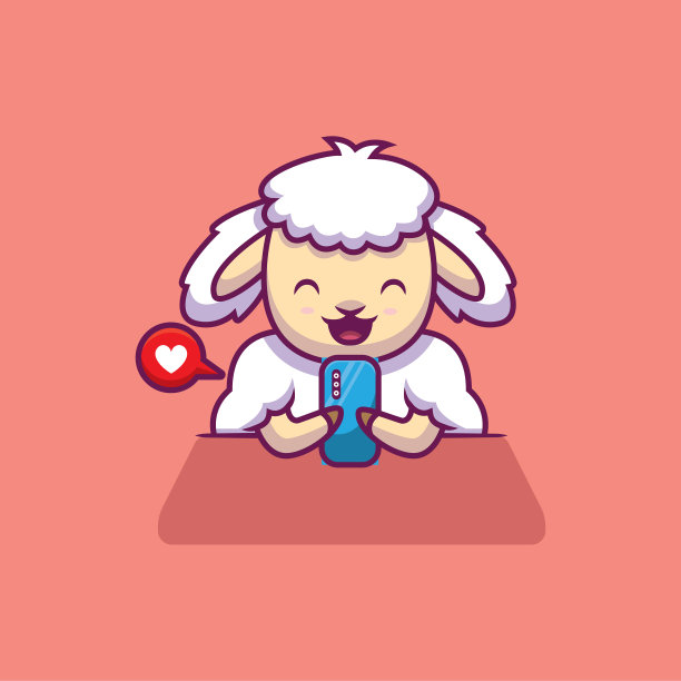 可爱的绵羊玩手机卡通插图图片下载