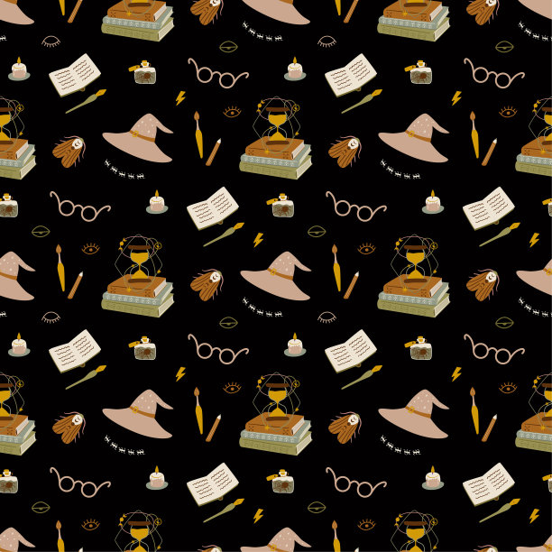 回到学校的神秘模式。黑暗学术界无缝背景。书籍，魔法帽子，图书馆，沙漏的神秘元素。巫术打印。可爱的复古精灵无缝图案。矢量插图。素材图片