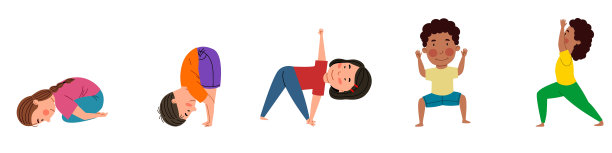一群来自不同国家的漂亮女孩和男孩在练习瑜伽。儿童瑜伽。图片下载