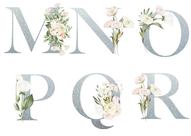 套花银色字母与白色的花，孤立的插图在白色的背景，为婚礼的字母，问候和名片，标志图片下载