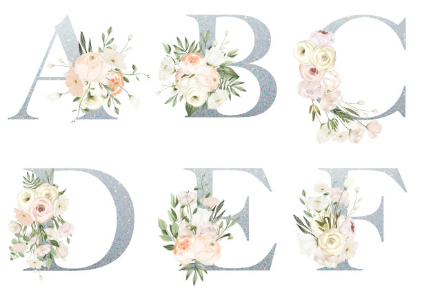 套花银色字母与白色的花，孤立的插图在白色的背景，为婚礼的字母，问候和名片，标志图片下载