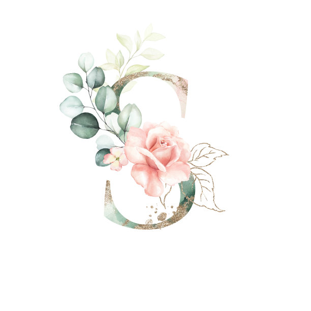 水彩金绿色腮红花字母字母符号大写S图片下载