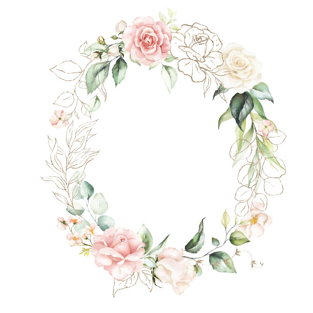 水彩花圈/框架，绿色的叶子，粉红色的桃红的花朵和树枝。图片下载