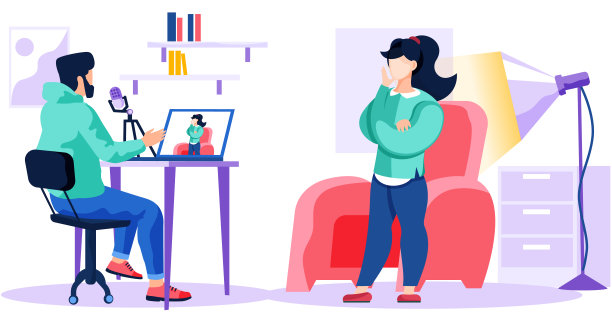 一名男子坐在笔记本电脑前录制视频。女孩站在灯旁等待着图片下载