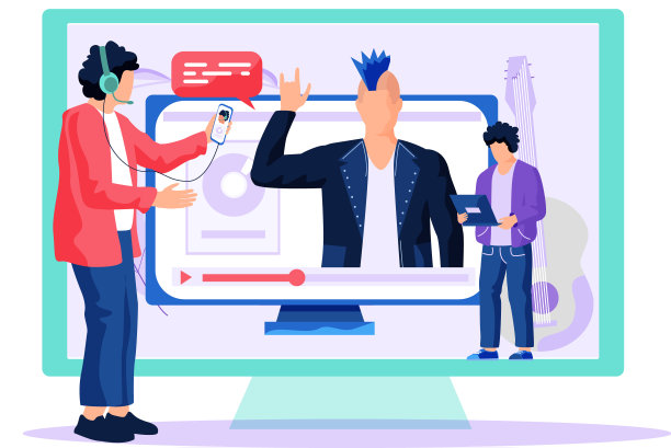 一个戴着耳机的男人站在一个拿着手机的大屏幕旁。男主角听音乐图片下载