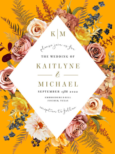 巴洛克式的橙色框架，排列着树叶和花朵。焦橙花园玫瑰，白色大丽花，焦糖绣球花图片下载