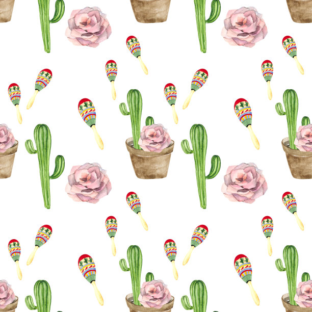 无缝图案的绿色仙人掌花盆，粉红色的花朵和沙球。水彩背景纺织品，墙纸，包装，办公室和床上用品。图片下载