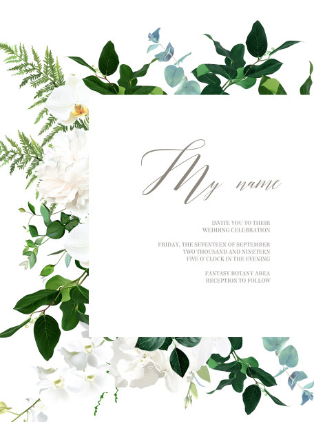 经典白色牡丹，绣球花，玉兰和兰花，桉树，蕨类植物，盐，绿色植物矢量设计图片下载