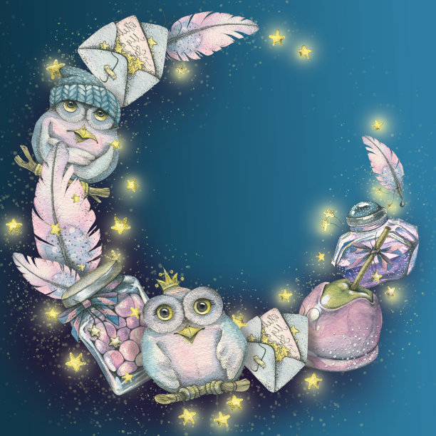 圆框与神奇的文字，糖果，字母和星星在深蓝色的背景。水彩插图。用于装饰和设计儿童、新年、冬季属性、卧室、明信片。图片下载