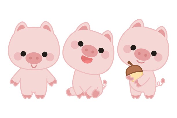 三只可爱的小猪卡哇伊风格的套装。一个站着，第二个坐着，第三个拿着橡子。在孤立的白色背景上。图片下载