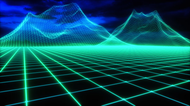 数字网格世界中的山脉(3d渲染)图片下载