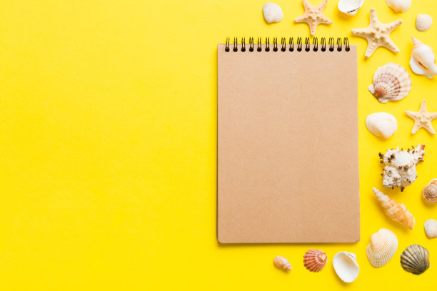 空白书写书与夏季海滩配件的背景，拷贝空间。平面铺设与拷贝空间图片下载