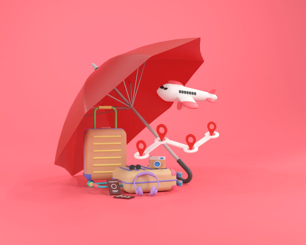 旅游保险经营理念。红色伞盖飞机和行李箱。图片下载