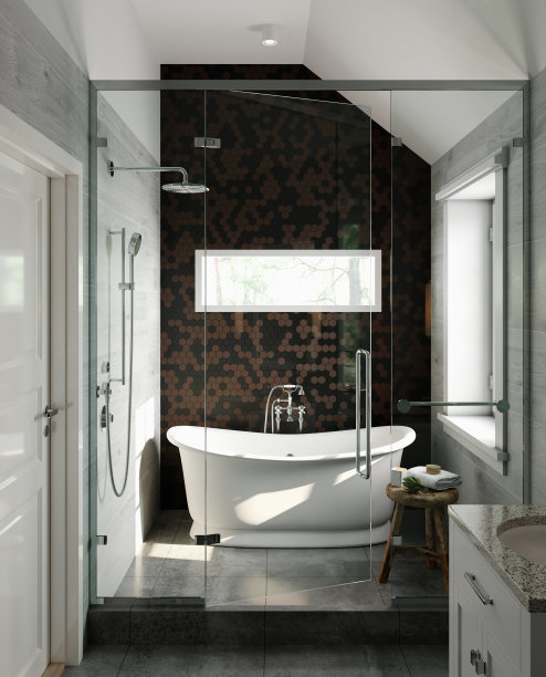 现代浴室的内部，有棕色和黑色的瓷砖墙和白色的浴缸。经典的风格。三维渲染图片下载
